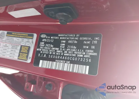 2012 Kia Optima Sx z USA, uszkodzony, nr VIN 5XXGR4A60CG073256